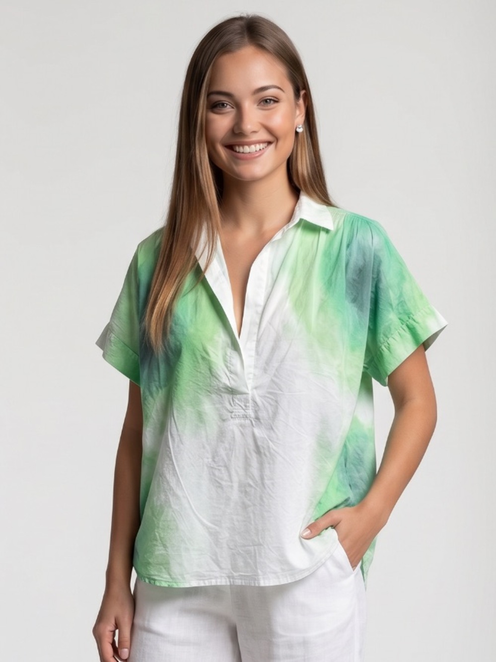 🌻Cali Dreaming Motley Top Green White Tie Dye Notch Collar Blouse Size XS/S